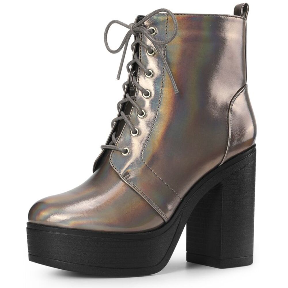 Platform Chunky High Heel Lace Up Combat Boots Gunmetal